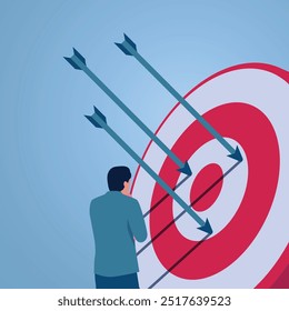 A man thinking in front of an arrow that misses the target, an illustration of learning from mistakes, self-development, error analysis, never giving up.