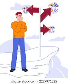 Man thinking in front of arrows with direction signs. Path choice, business strategy decision or career path, flat cartoon vector illustration isolated on white background.