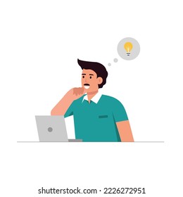 Pensamiento del hombre con gran idea de ilustración vectorial. Los hombres inteligentes tienen una idea y un plan de discusión al estilo de un portátil plano. Concepto de emprendimiento, inspiración y creatividad.