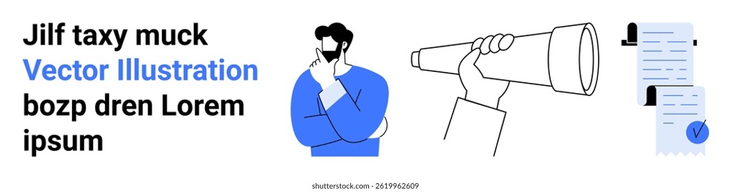 Homem pensando com a mão no queixo, mão segurando um telescópio, documento de lista de verificação com uma marca azul. Ideal para estratégia de negócios, planejamento, tomada de decisões, definição de metas, solução de problemas, visão
