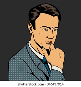 Man thinking hard pop art style vector illustration. Comic book illustration