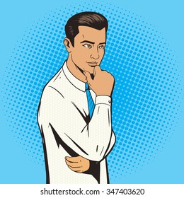 Man thinking hard pop art style vector illustration. Comic book illustration