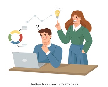 A man thinking at his laptop with a puzzled expression while a woman excitedly shares an idea. Business charts and graphs in the background. Concept of teamwork and brainstorming. Vector illustration