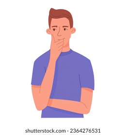 Man thinking. Human in blue t shirt standing and thinking. Concept of man wondering, planning or pondering and holding hand by chin.  Vector  illustration