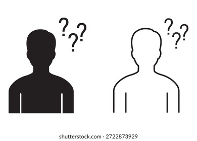 Hombre pensando icono, dudando o incierto icono masculino. El hombre piensa icono de estilo blanco y negro. Persona con íconos de preguntas, problema del hombre, pérdida humana. Ilustración vectorial.