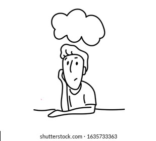 man thinking illustration, impression drawing, sketch of a wondering guy, cloud of thots, vector black and white illustration