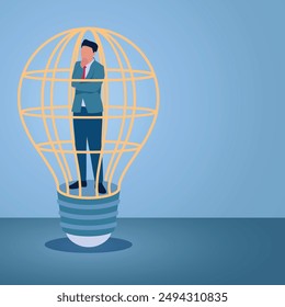 A man thinking inside an idea lamp prison, an illustration for a fixed mindset.