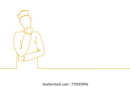 Man thinking isolated on white background. For web site, poster, placard, ad, cover magazine and print materials. Creative art, modern drawing concept