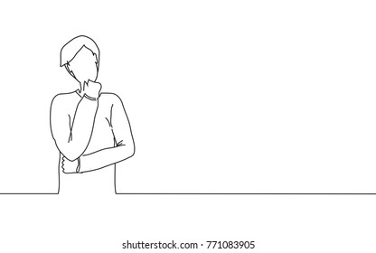 Man thinking isolated on white background. For web site, poster, placard, ad, cover magazine and print materials. Creative art, modern drawing concept