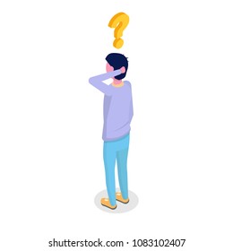 Man Is Thinking Isometric Character. Vector Illustration.