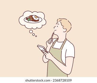 man thinking at kitchen. Hamburger. Hand drawn style vector design illustrations.