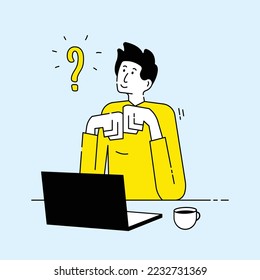 Man thinking with laptop and Question Symbol Hand drawn cartoon character, Flat line illustration design. Problem solving concept