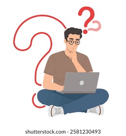 Man Thinking with Laptop, Question Symbol Floating, Problem-Solving and Analysis Concept, Vector for Survey and Report Slides