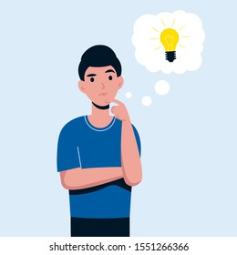 Man is thinking. Male character looking for an idea for startup his business. Flat vector cartoon illustration. 