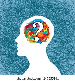 Man thinking many question. brain idea