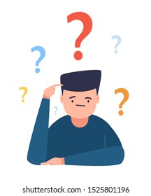 Man is thinking. Many question marks. Vector flat colorful cartoon illustration concept