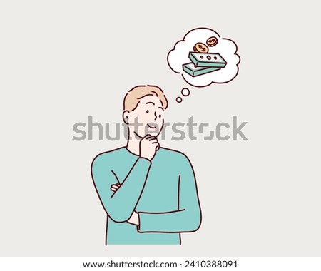 Man thinking for money. Money concept in thought bubble. Hand drawn style vector design illustrations.