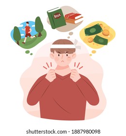 Man thinking of new year goals. Diet, study, and increase your financial income.