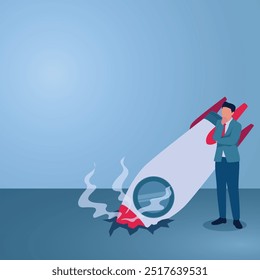 A man thinking next to a rocket that failed to fly, an illustration of learning from mistakes, self-development, error analysis, never giving up.