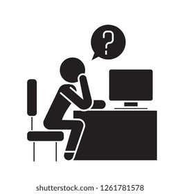 Man thinking in office black vector concept icon. Man thinking in office flat illustration, sign