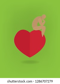 Man is thinking on heart shape isolated on green background with shadows abstract paper cut vector illustration for Valentine's day decorations