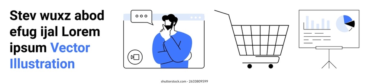 Homem pensando na chamada de vídeo, carrinho de compras vazio, painel de análise com gráfico de pizza e gráficos de dados. Ideal para e-commerce, compras on-line, marketing digital, análise de negócios, webinars, mercado