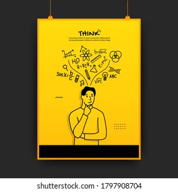 Man thinking with outline icons on yellow background, back to school poster