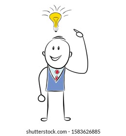 Man thinking and pointing to the idea bulb. Idea concept hand drawn line art cartoon vector illustration - Vector