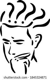 Man in thinking pose with questions inside head trying to find decision to solve problem