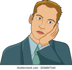 A man in a thinking position with his face resting on the palm of his hand. A businessman.