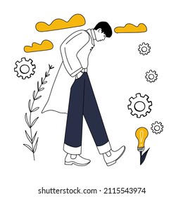 Man thinking, problem solving, idea creative, finding solution, critical thinking, decision making. Flat  vector illustration concept design online web banner isolated on white background