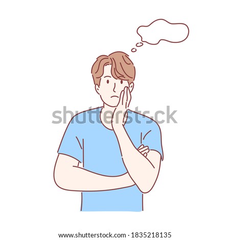 Man is thinking, question, confused, not sure concept. Hand drawn flat character.
