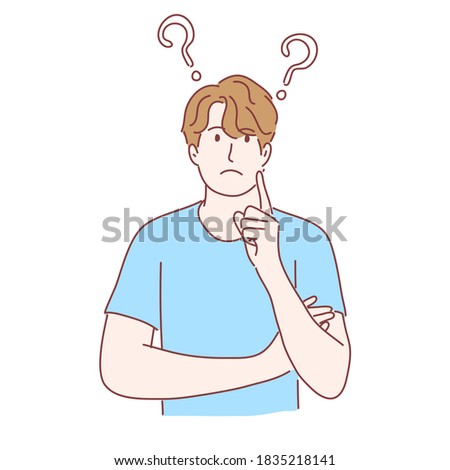 Man is thinking, question, confused, not sure concept. Hand drawn flat character.