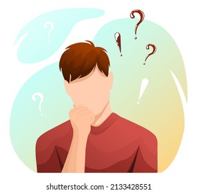 Man is thinking. Question and exclamation marks. Thinking concept. Isolated vector illustration for flyer, poster, banner.