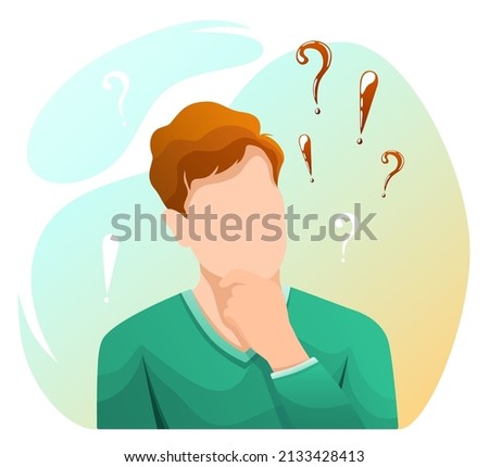 Man is thinking. Question and exclamation marks. Thinking concept. Isolated vector illustration for flyer, poster, banner.