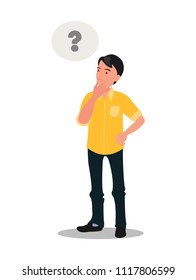 Man is thinking. Question mark.
