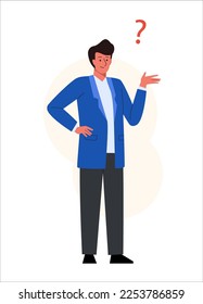 Man thinking with question mark. Male character design in asking pose. Vector illustration in flat style