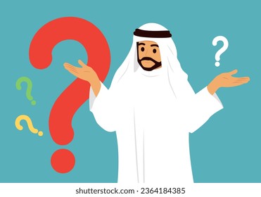 Man is thinking. Question mark. Puzzled Arab muslim Business Man Setting Priorities, Doubting, Deciding. Questioned Employee Thinking, Analysing Options. Flat vector illustration 