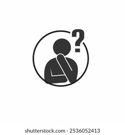 El hombre está pensando. Signo de interrogación. Icono redondo. Buscando icono de solución. Pensamiento crítico. hombre pensando en una pose reflexiva con signo de interrogación. Elección, concepto de resolución de problemas. Imagen de Vector de silueta.