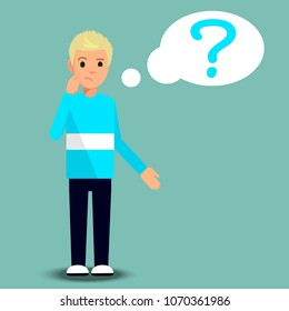 Man is thinking. Question mark. Vector illustration. Flat picture