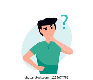 Man is thinking. Question mark. Vector flat cartoon illustration character. Business concept.