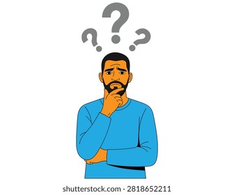 Man thinking with question marks