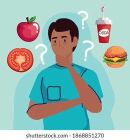 man thinking with question marks about fast food design, unhealthy eat and restaurant theme Vector illustration
