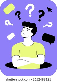 O homem pensando com pontos de interrogação acima de sua cabeça sobre ideias e conceitos de resolução de problemas