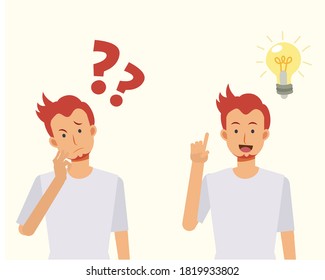 Man is thinking  with question marks. then have some idea pop out.Problem solving concepts. Cartoon vector illustration.