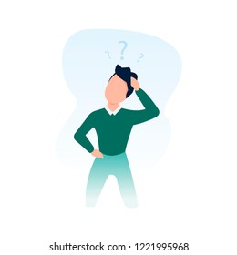 Man is thinking with question marks on the white background. Business concept, decision making, make a choice