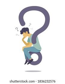 Man is Thinking the Question and Sitting on a Big Question Mark Symbol.