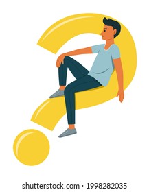 Man is Thinking the Question While Sitting on a Big Question Mark Symbol.