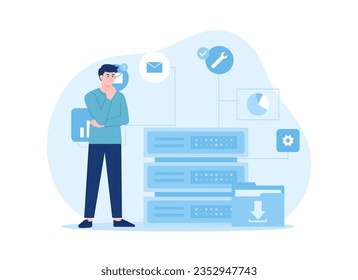 man is thinking to save file data trending concept flat illustration