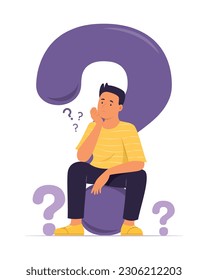 Man Thinking and Sitting on Big Question Mark Concept Illustration